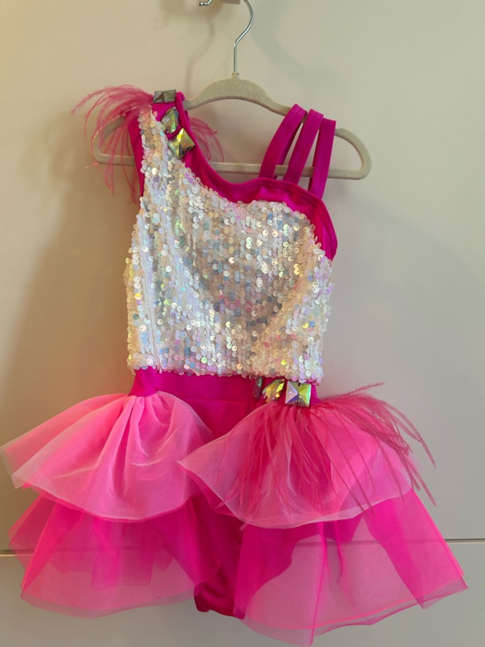 Weissman Hot Pink / White Sequin One-Shoulder Tutu Dance Costume - SC (6/6X) - Picture 3 of 12